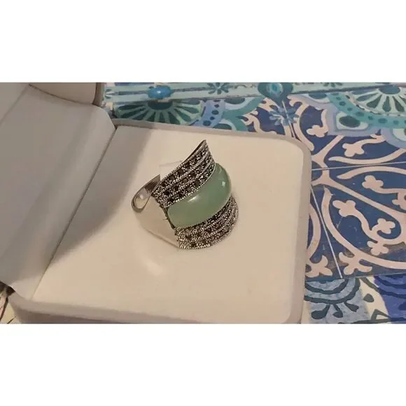 Sparkling Genuine Marcasite & Green Jade Gemstone Wide Band Ring Sz 9 - Picture 2 of 4